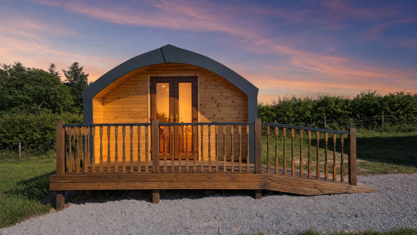 A Greencraig glamping pod with its timber deck and railing on a summer day