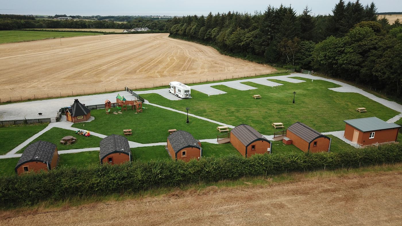 Greencraig Pods from the air, with the pods, pitches and surrounding farmland