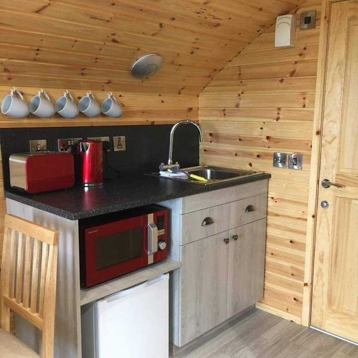 The kitchenette inside a pod